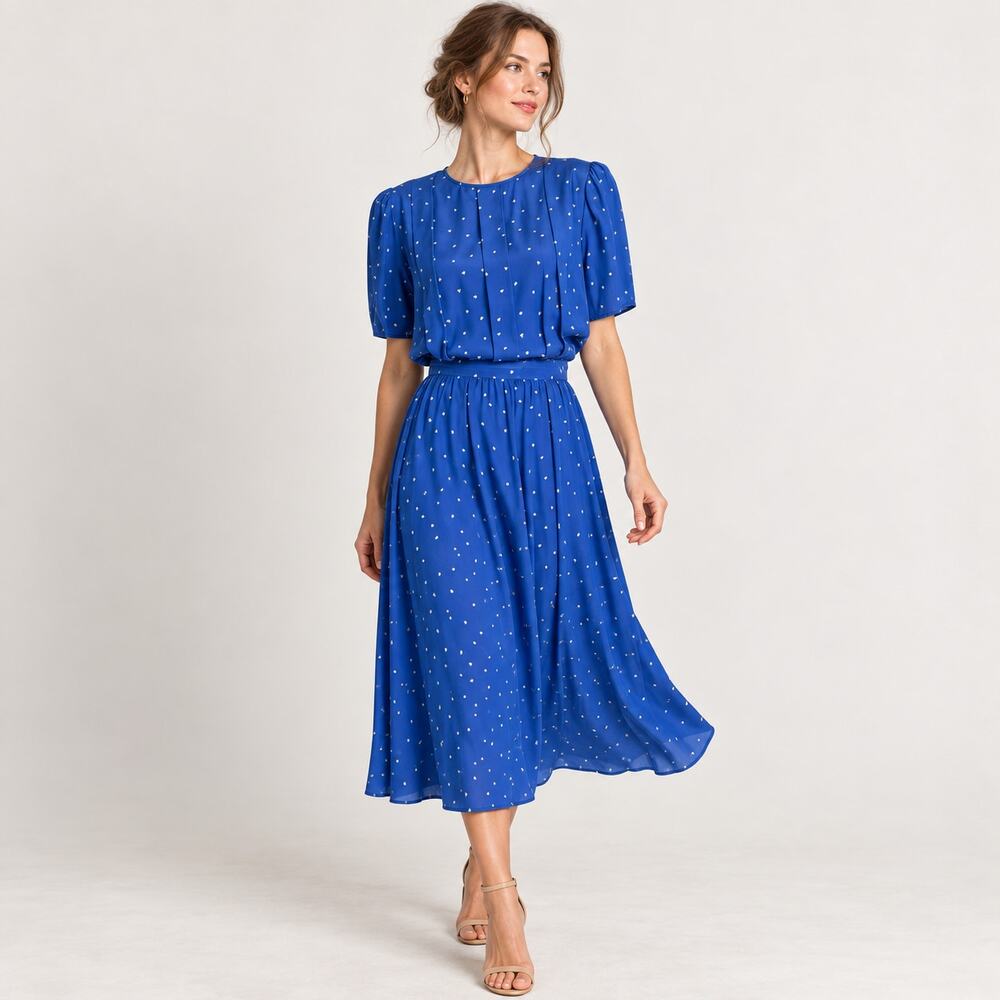 Vintage Maggy London Jeannene Booher Silk Blue Midi Dress Size 14
